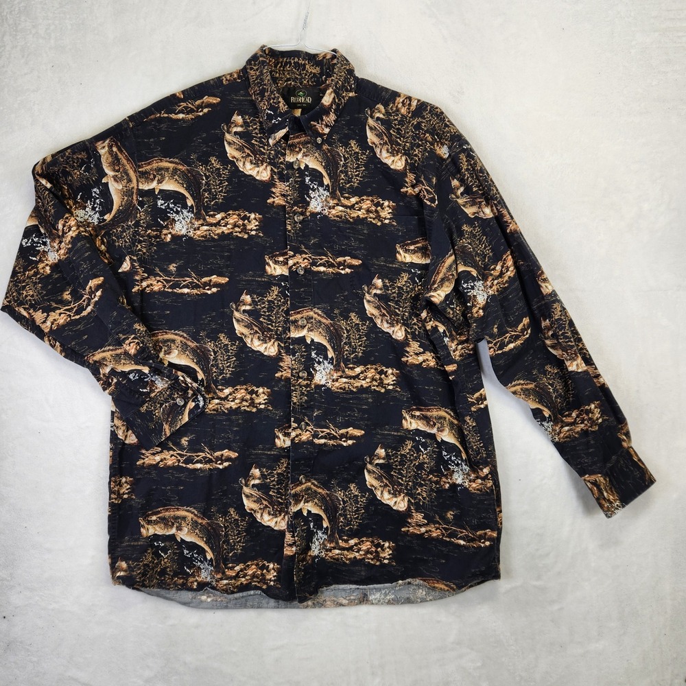 Redhead Mens Bass Fishing Print Button Down Shirt XLT‎ Black Long Sleeve Cotton